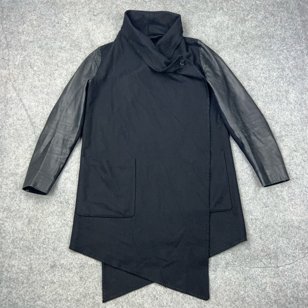 AllSaints Roux Coat Women US 6 Black Wool Leather Sleeve Long Wrap Front Italian